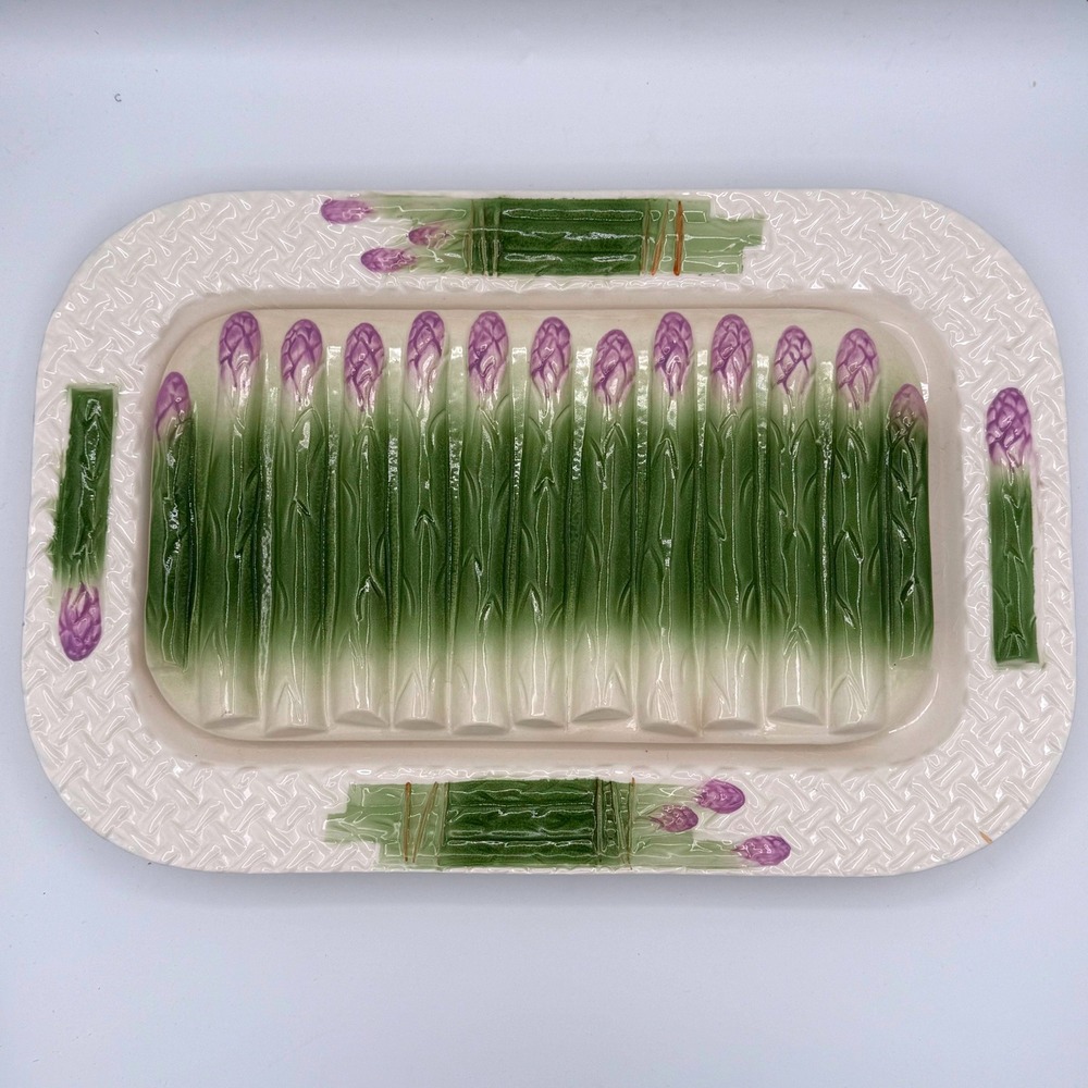 Vintage Ceramic Asparagus Platter Serving Dish Embossed Basket Weave